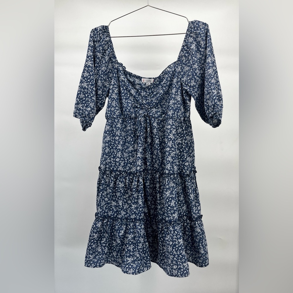 Women’s Dress - LLove by Dressed in LALA Blue and White Floral Mini Short Sleeve